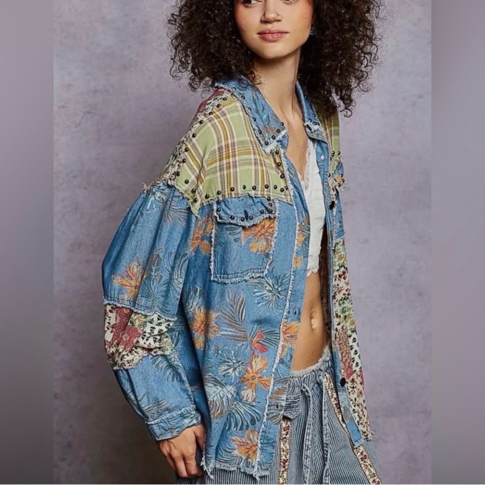 POL Boho Patchwork Floral Denim Shacket - Blue & Multicolor size M oversized
